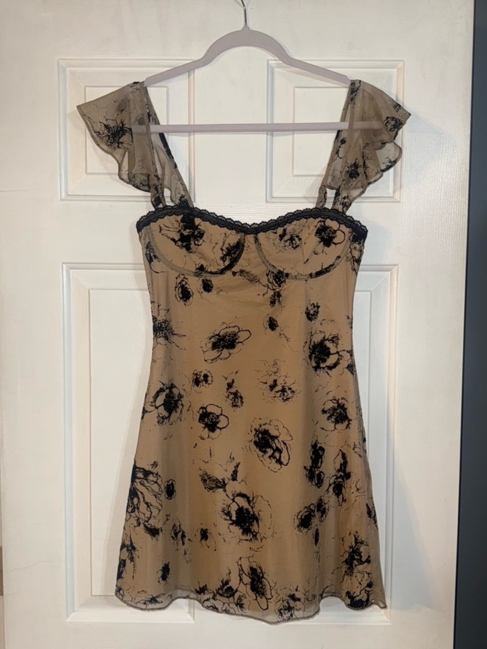 Showpo Beige Slip Dress with Black Lace Trim
